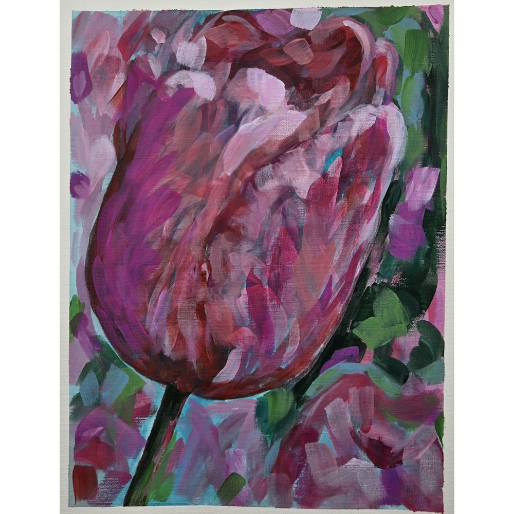 Original Acrylic Painting Pink Tulip‎ 7.5x10 Floral Nature Art 11x14 Paper